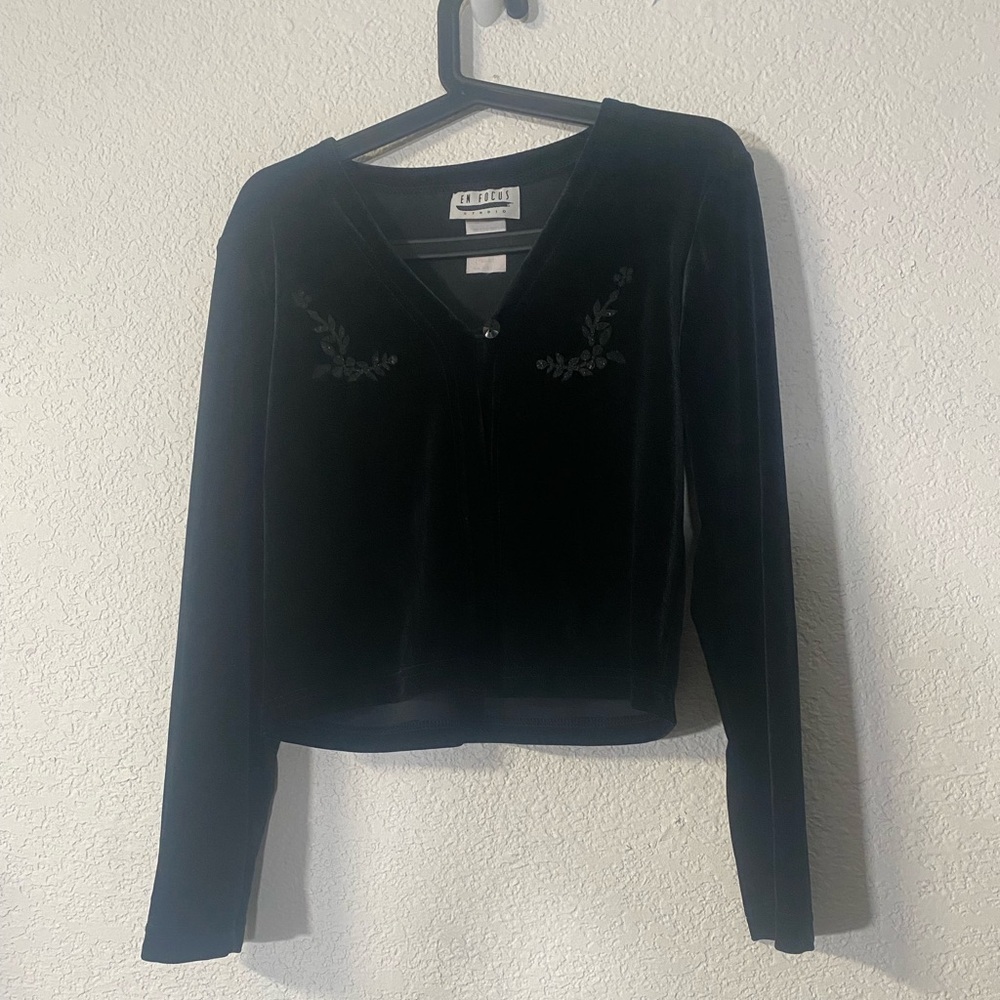 Enfocus Studio vintage whimsical Black Velvet bolero with floral appliqué